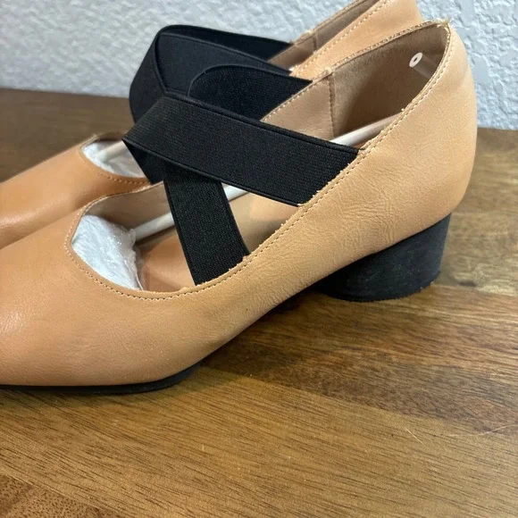 PuDing Block Heel Pumps Elastic Strap Square Toe Tan Shoes size 36 - Picture 6 of 10